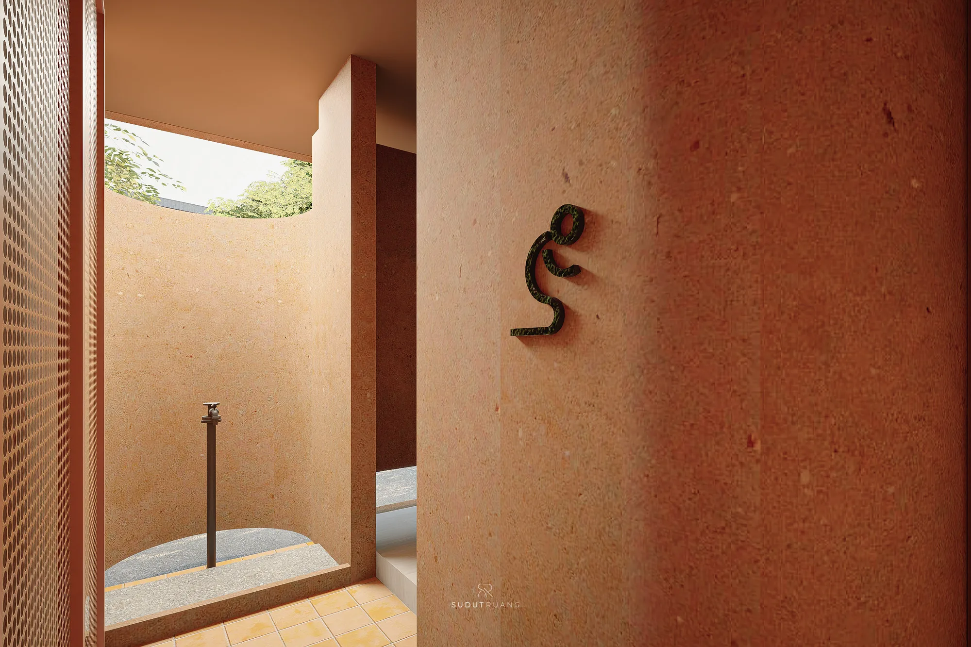 A curved terracotta courtyard wall at Terra Sports Club frames an open-air washing point beneath the sky, marked by a small wall-mounted icon.