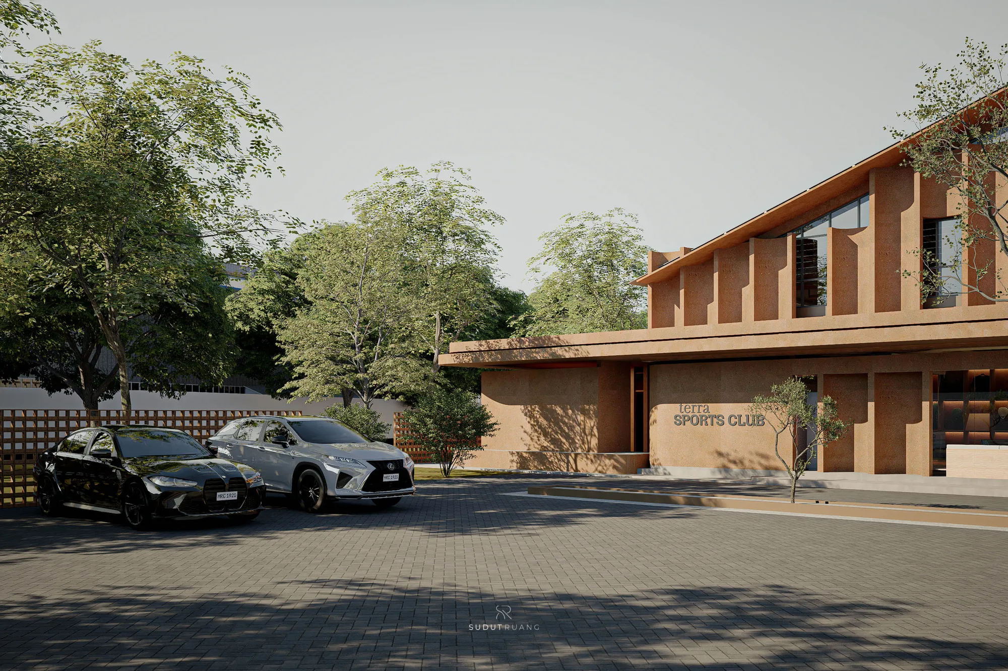 Terra Sports Club's daytime facade, its undulating fin screen above the terracotta ground floor and the club's own cast signage by the entry.