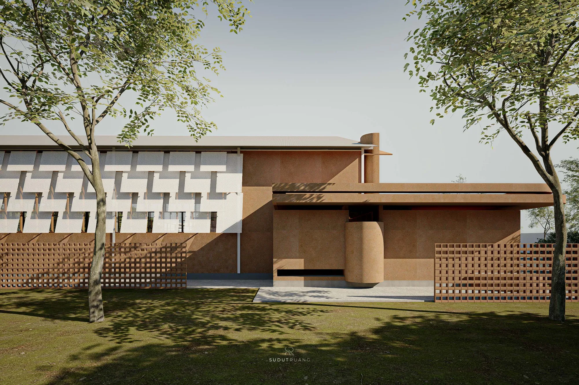 Terra Sports Club's side elevation pairs a white undulating fin screen with a terracotta base and a perforated screen-block boundary wall among mature trees.