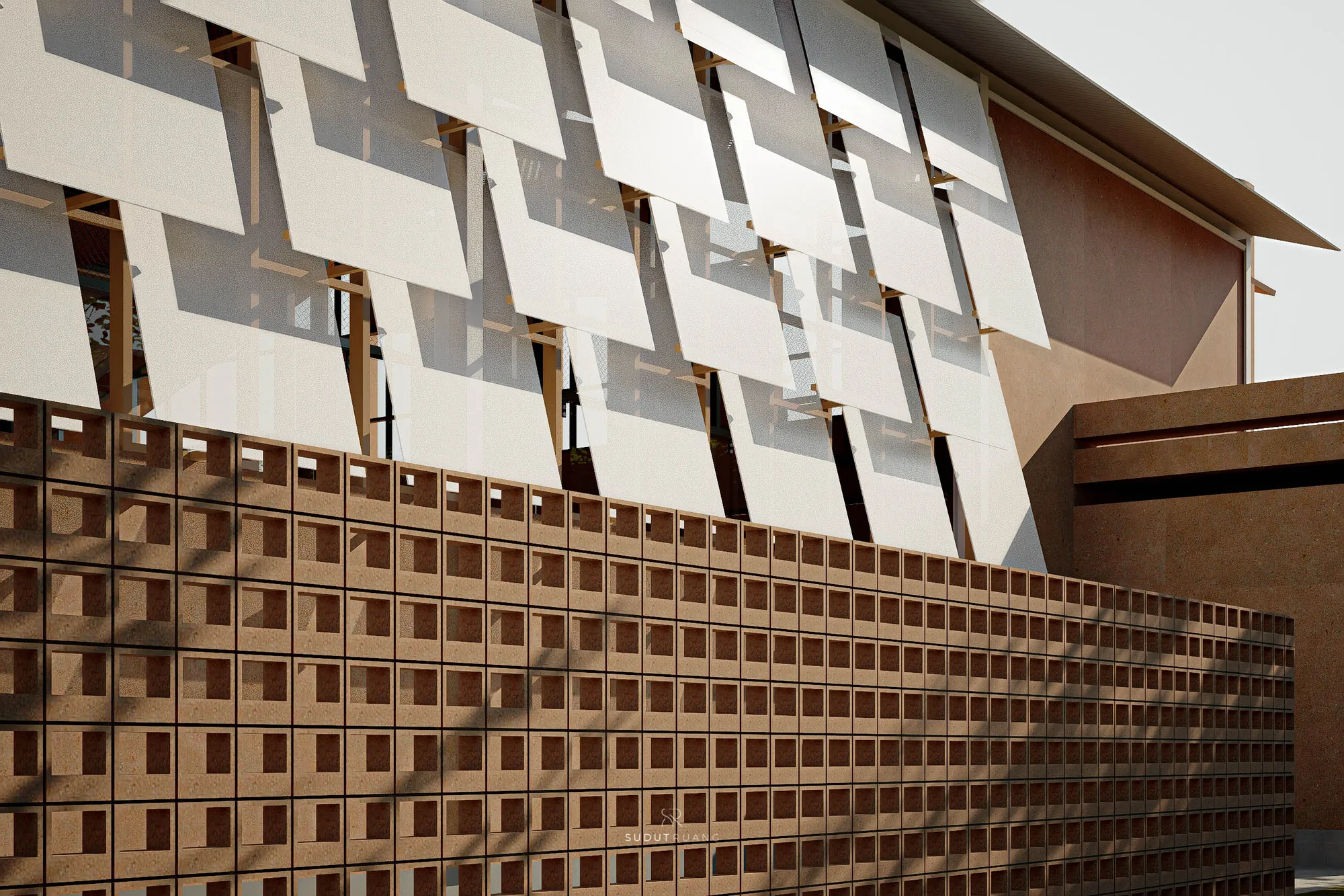 The undulating fin screen meets Terra Sports Club's terracotta volume at a folded roof edge, framed by surrounding trees.