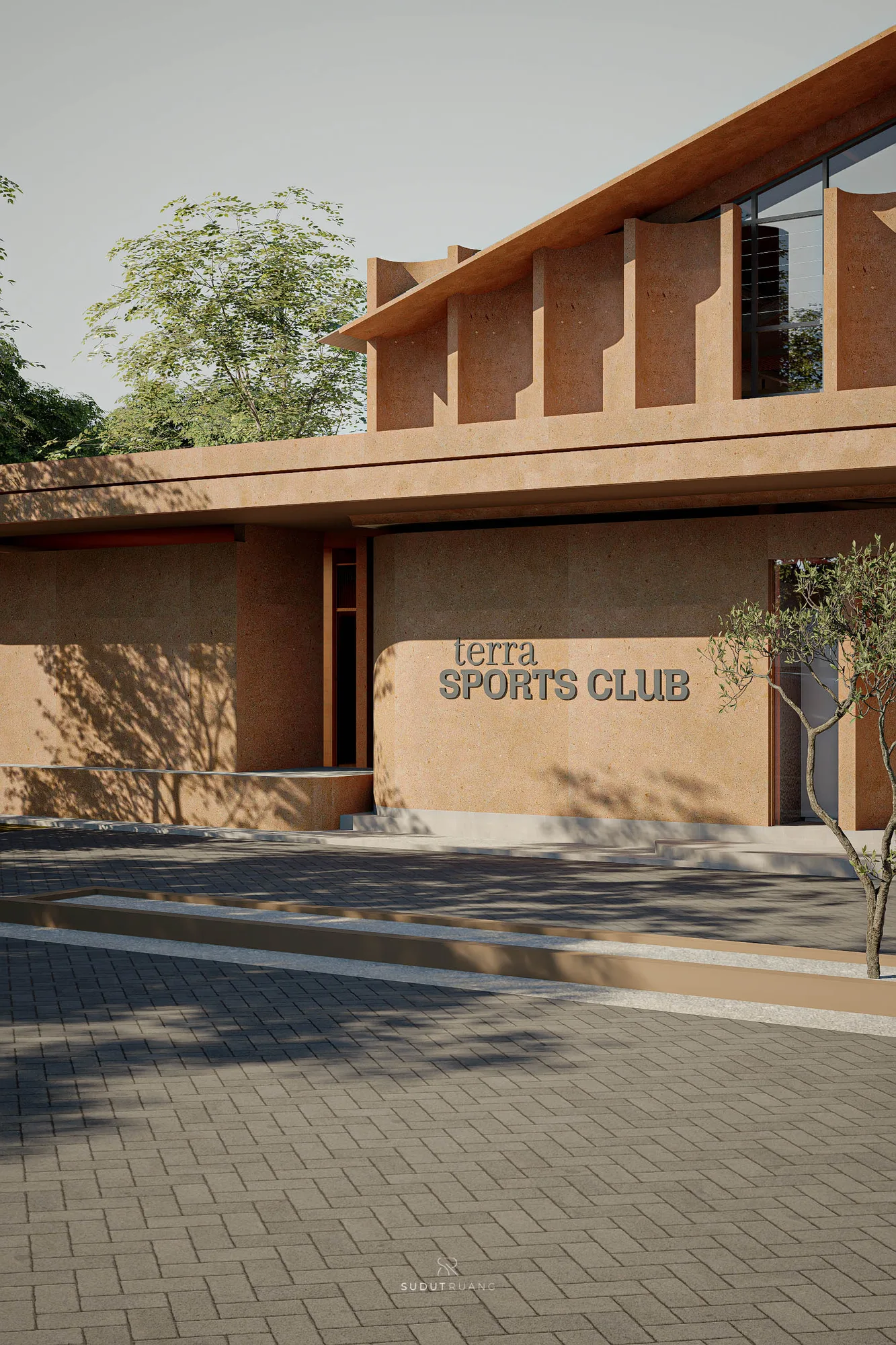 Terra Sports Club's cast-lettering signage set into the terracotta entry wall beside the club's front door.