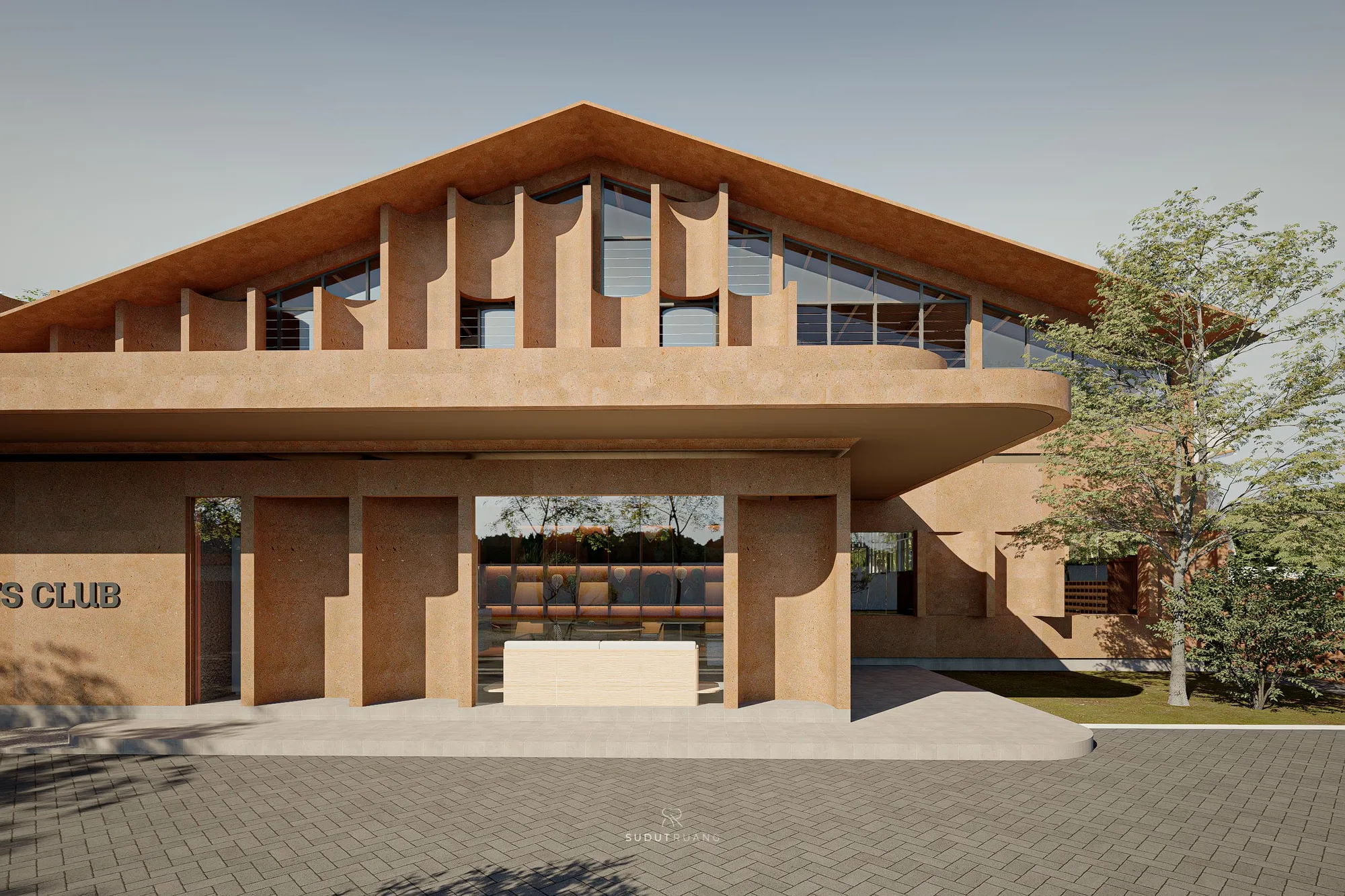 A wide view of Terra Sports Club's pitched-roof facade, the undulating fin screen above a covered entry portal at ground level.