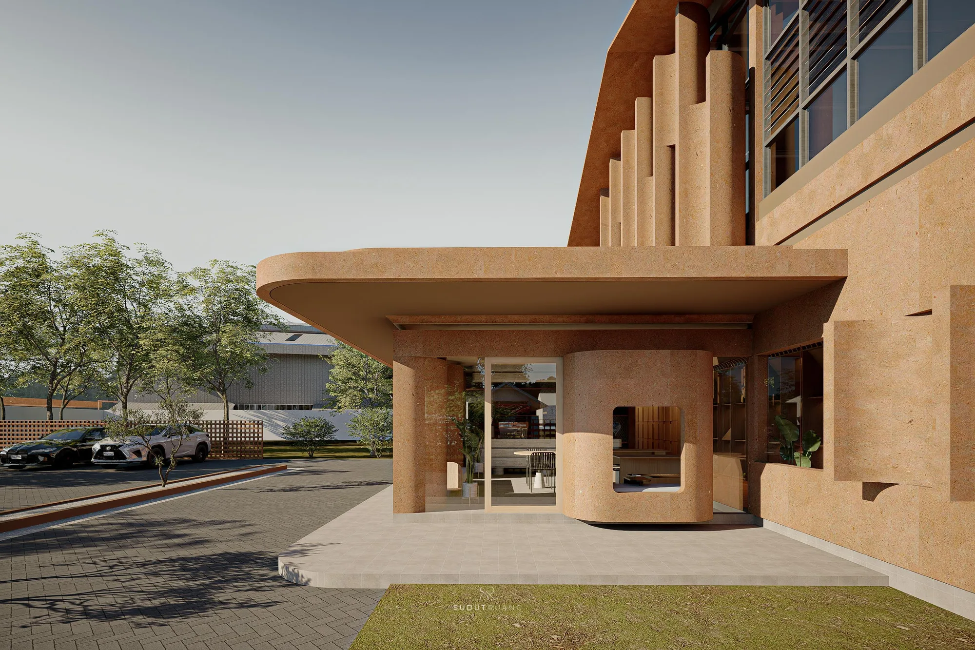 The rounded terracotta entry portal at Terra Sports Club, tucked beneath a deep overhanging canopy at the building's corner.