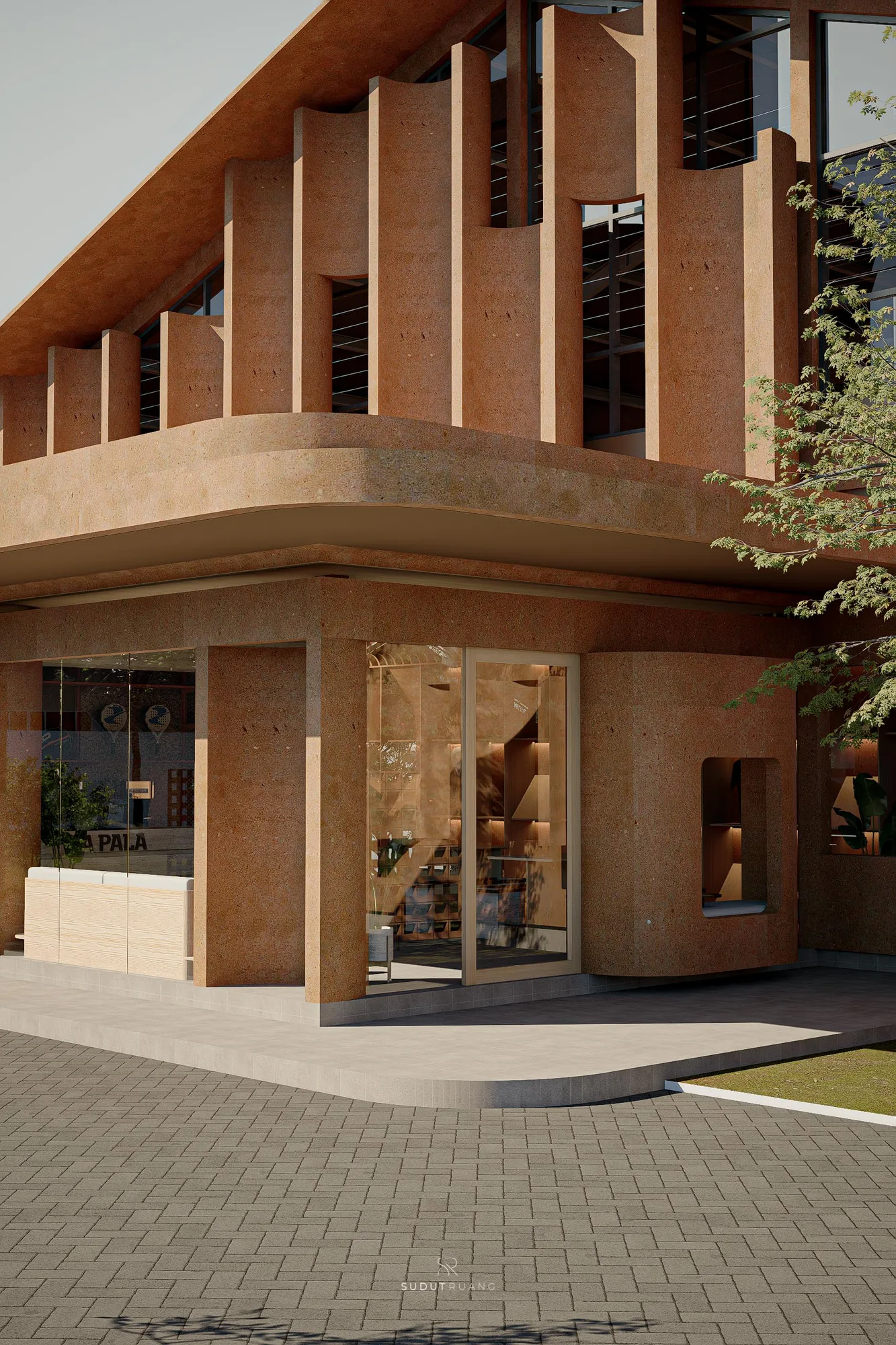 Terra Sports Club's rounded entry column meets its glazed pro-shop window, framed by the undulating fin screen above.