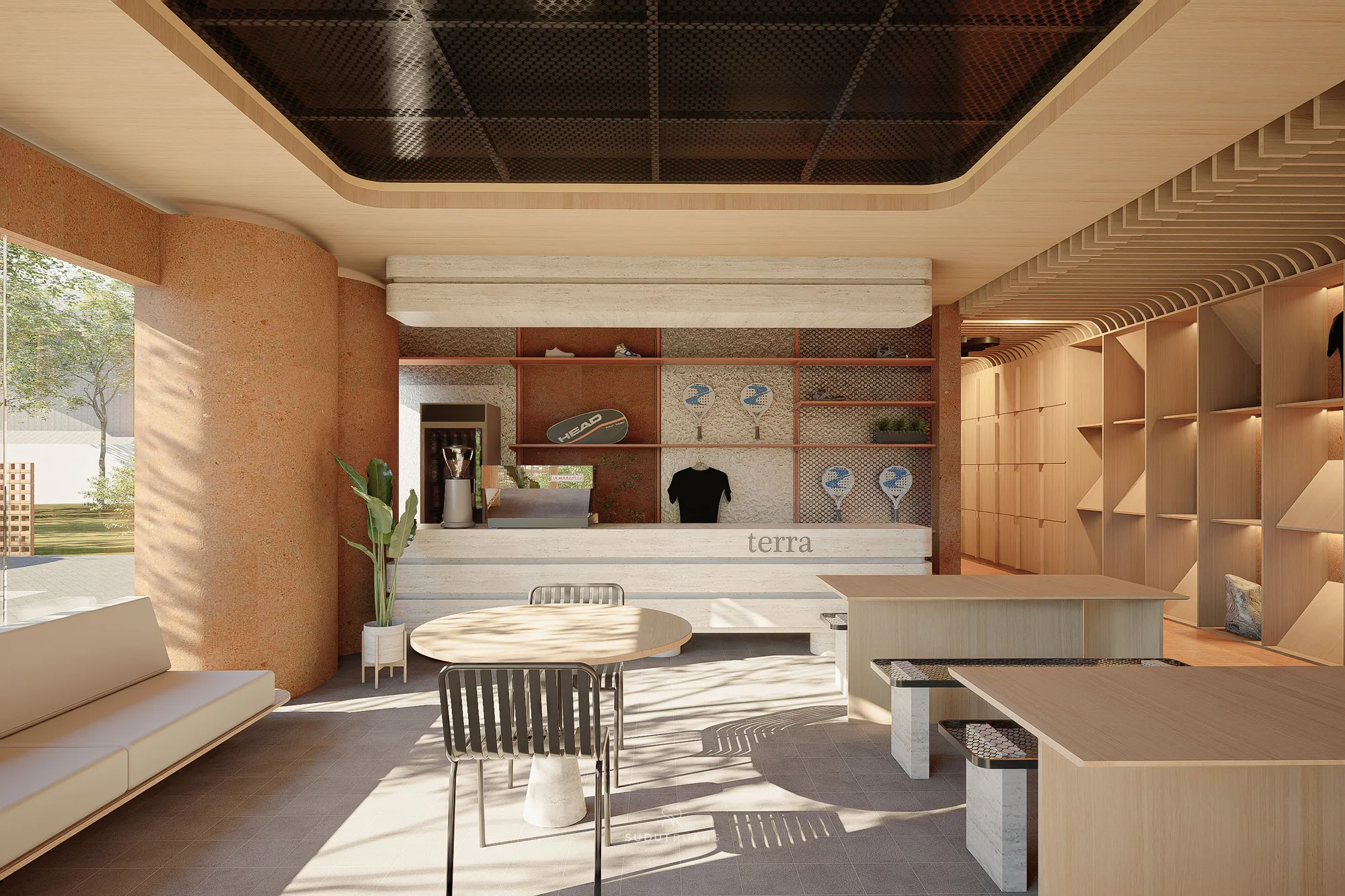 The travertine reception counter at Terra Sports Club, carved with the club's name, backed by open wood shelving holding rackets and kit under a black mesh ceiling panel.