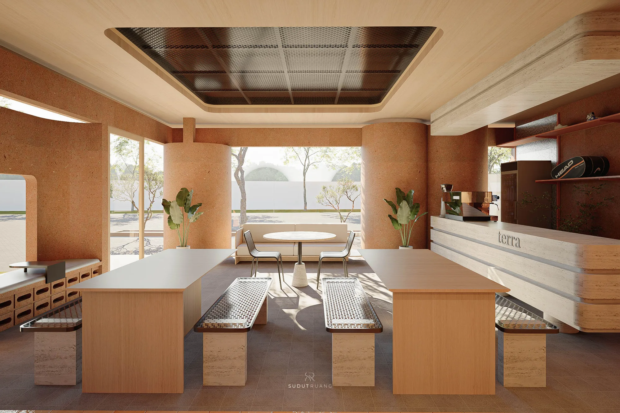 Communal wood tables and perforated-metal mesh benches fill Terra Sports Club's lounge, with the travertine 'terra' counter and courtyard view beyond.