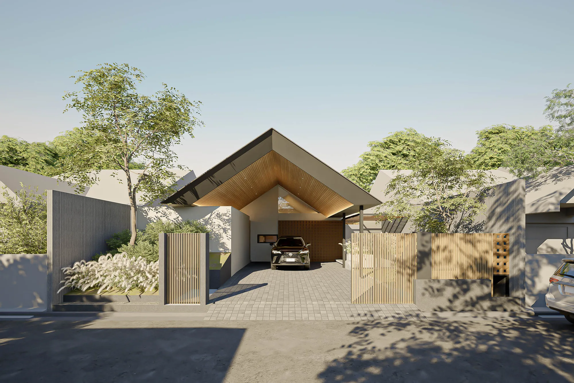 Street elevation of TR-house, a perforated screen facade shaded by an existing tree.