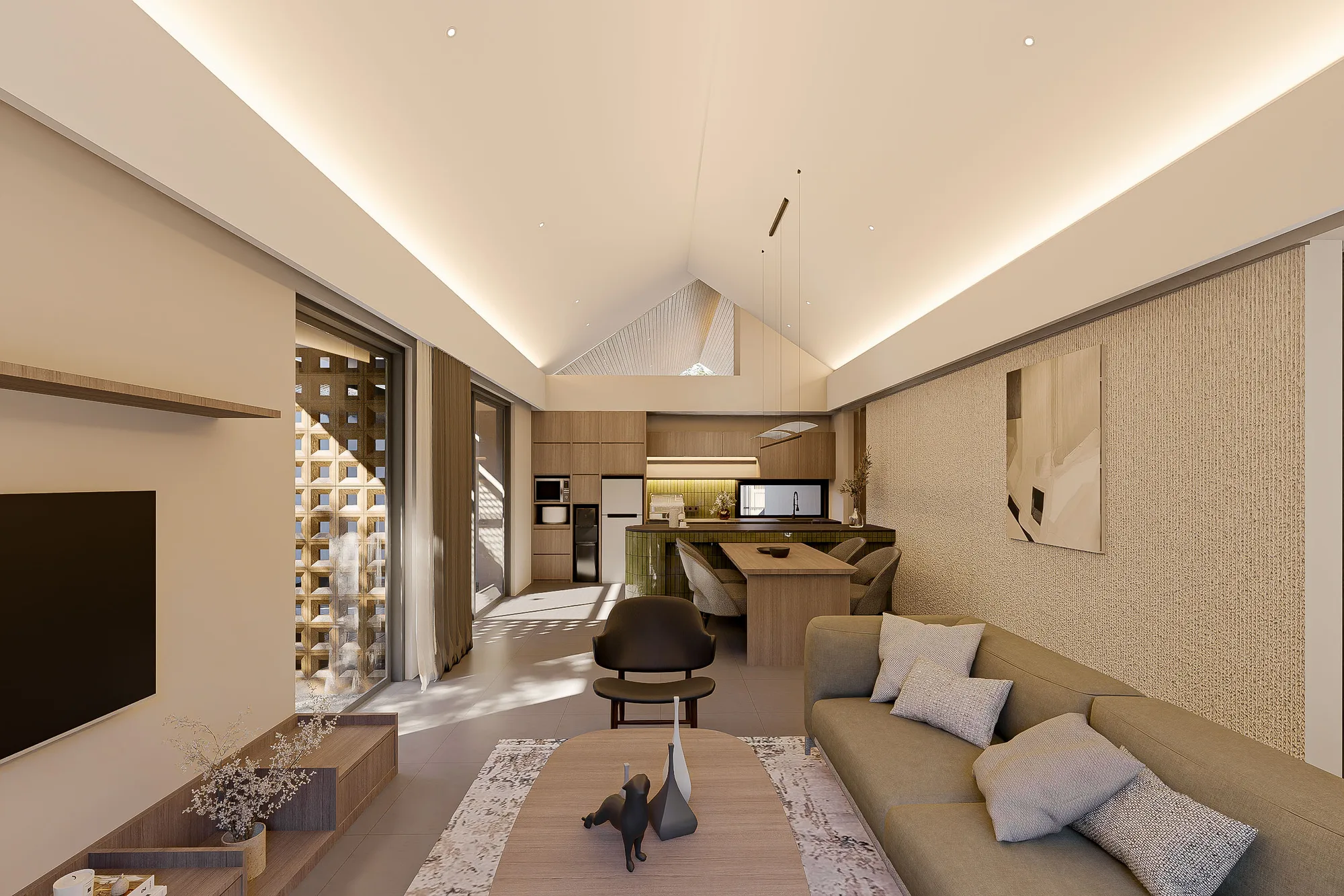 Living space opening onto the courtyard through full-height sliding doors.