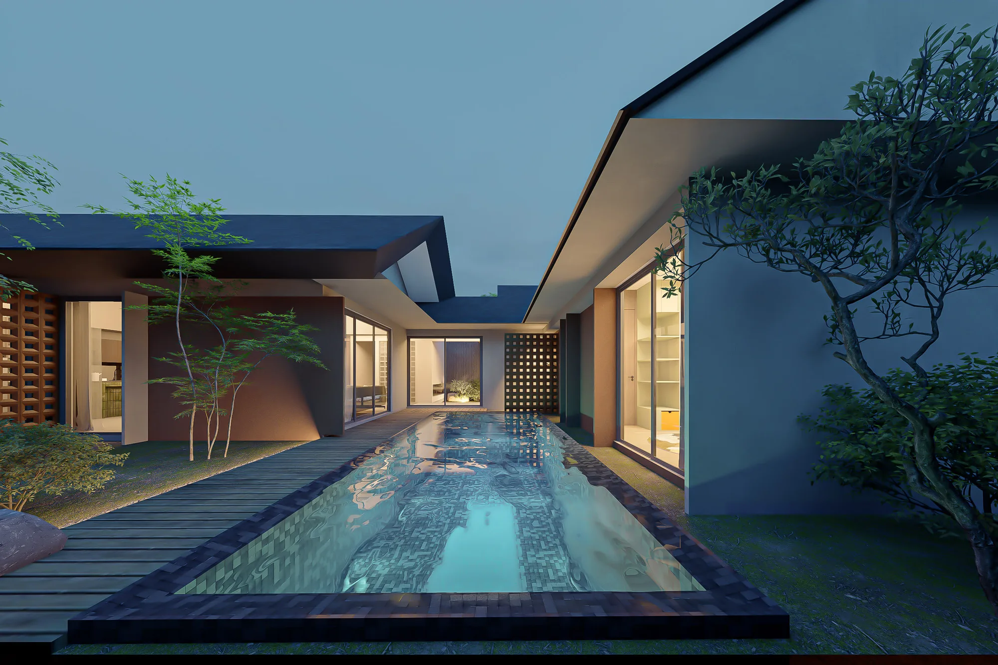 TR-house at dusk, courtyard lit from within.