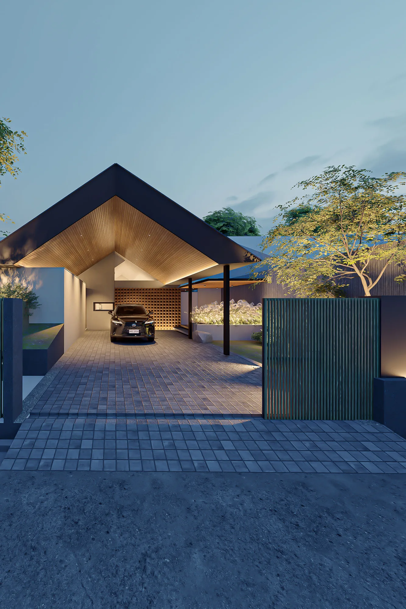 Timber screen filtering western light into the living space.