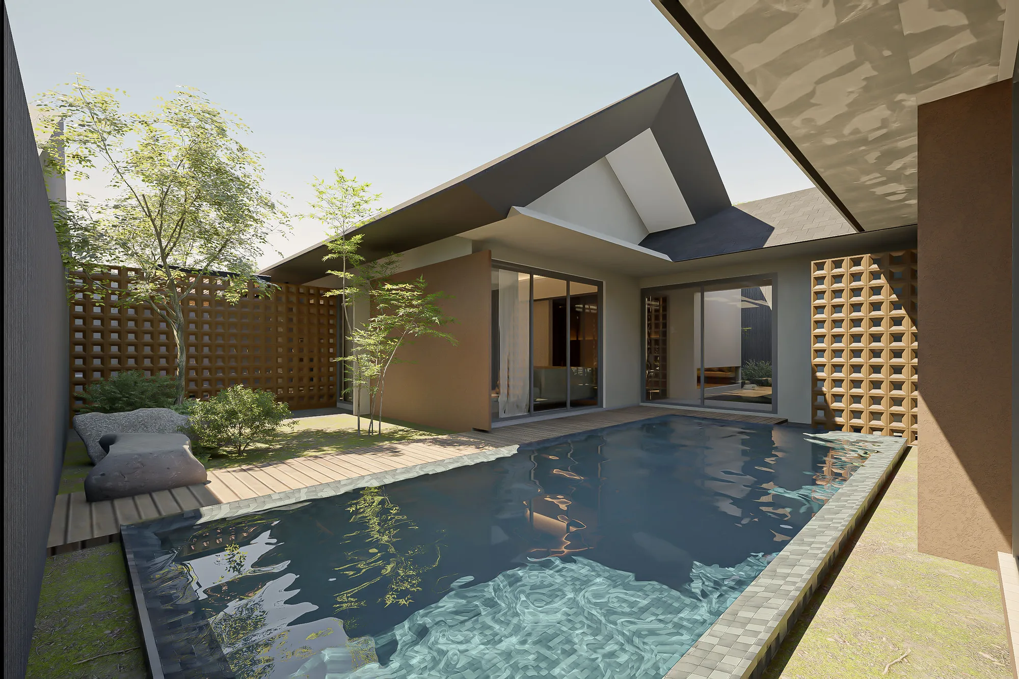 Lap pool along the timber-lattice fence, sliding glass doors opening the living room to the deck.